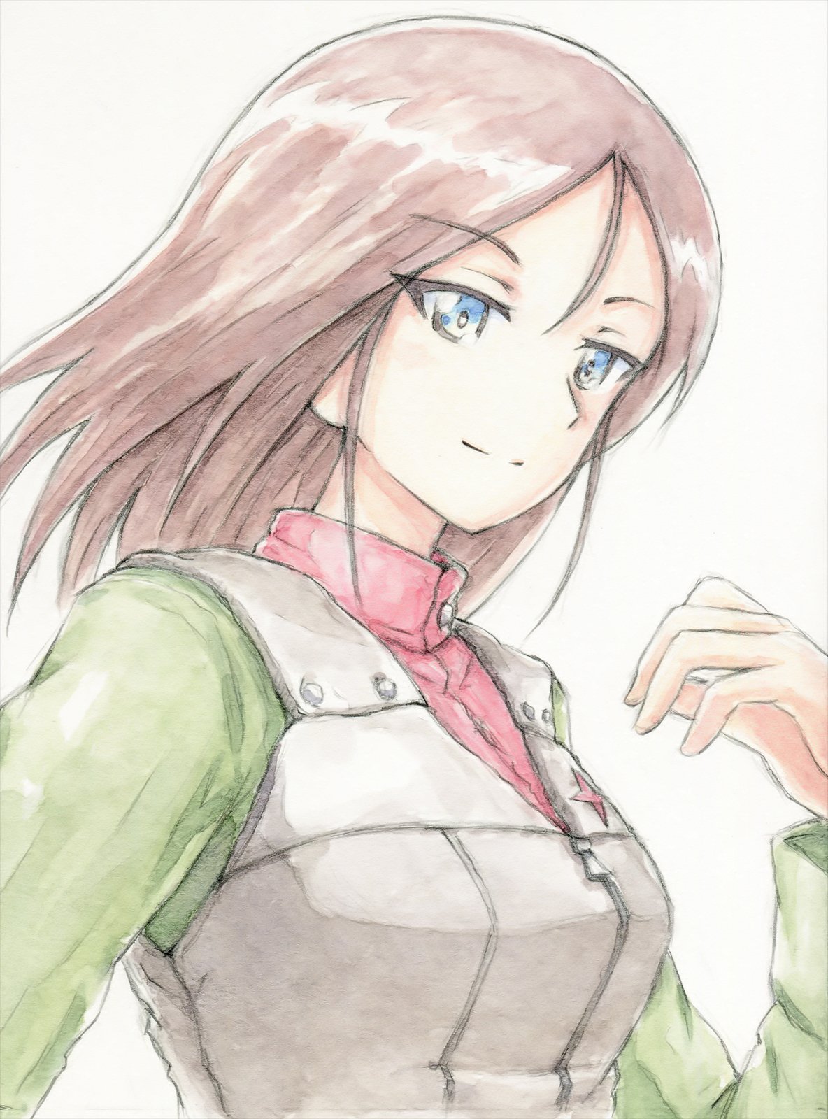 1girl bangs black_hair black_vest blue_eyes closed_mouth colored_pencil_(medium) commentary eyebrows_visible_through_hair girls_und_panzer green_jacket highres insignia jacket long_hair long_sleeves looking_at_viewer military military_uniform nonna omachi_(slabco) pravda_military_uniform red_shirt shirt smile solo swept_bangs traditional_media turtleneck uniform upper_body vest white_background wind