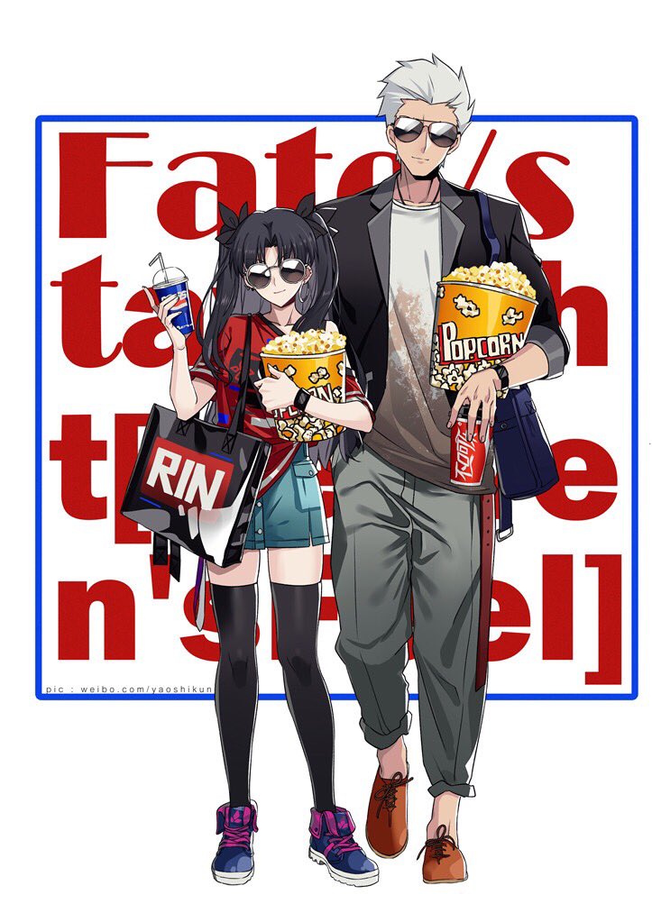 1boy 1girl archer background_text bag black_hair black_legwear casual commentary_request fate/stay_night fate_(series) food full_body long_hair pepsi popcorn shoulder_bag standing sunglasses thigh-highs toosaka_rin two_side_up watch watch watermark web_address white_background white_hair yaoshi_jun zettai_ryouiki