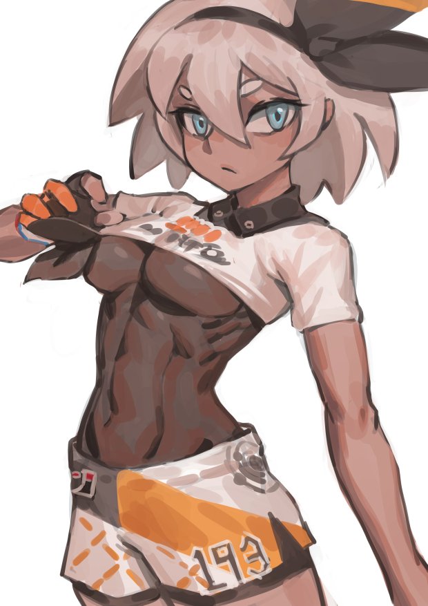 1girl abs blue_eyes bodysuit breasts covered_navel dark_skin english_commentary fingerless_gloves gloves grey_hair hairband looking looking_at_viewer pokemon pokemon_(game) pokemon_swsh ribs saitou_(pokemon) shirt short_hair short_sleeves shorts solo toned white_background white_shirt zakusi