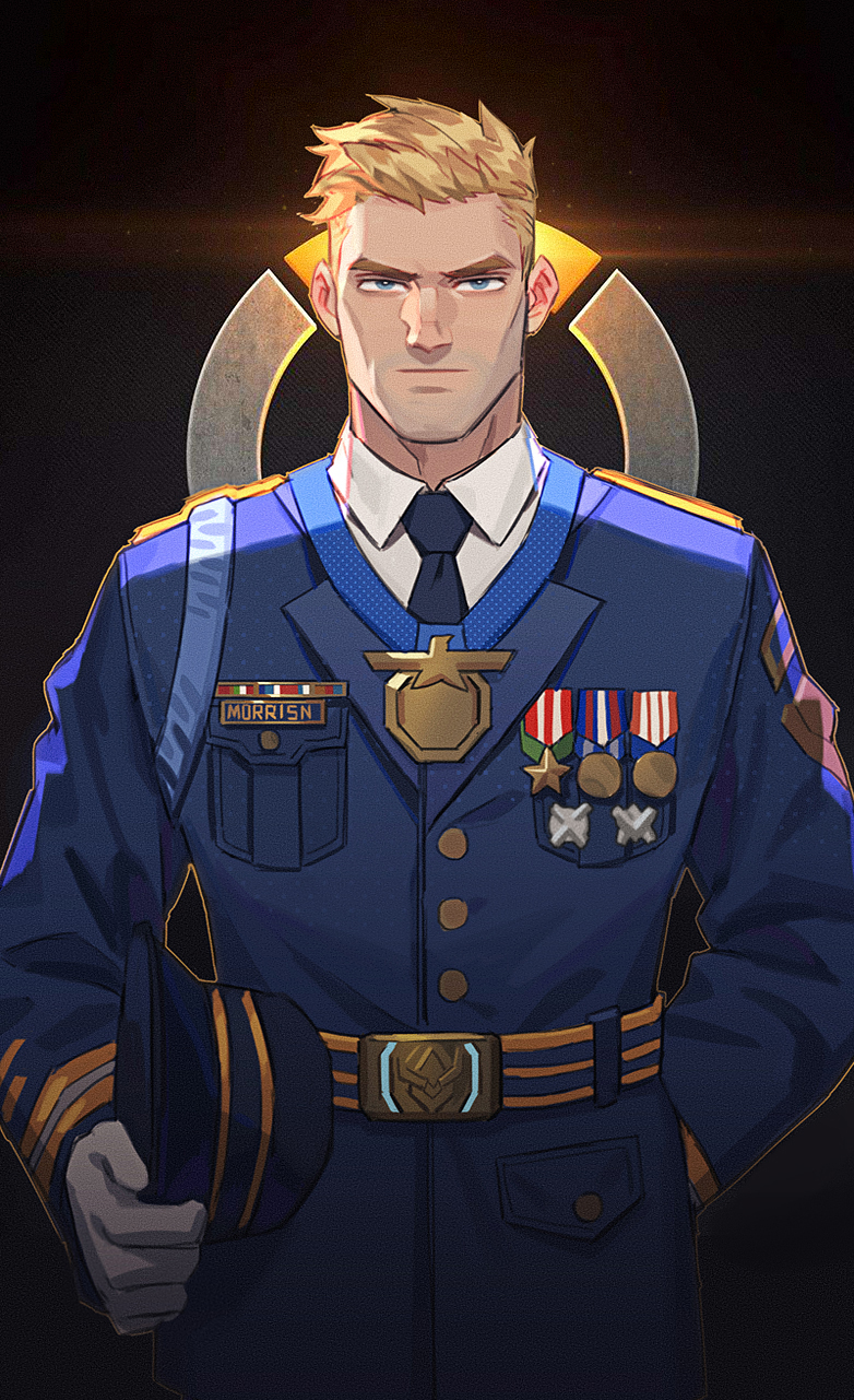 1boy amo9612 black_background black_neckwear blonde_hair blue_eyes gloves hand_on_hip hat hat_removed headwear_removed highres logo looking_at_viewer male_focus medal military military_uniform necktie overwatch serious soldier:_76_(overwatch) solo standing uniform white_gloves younger