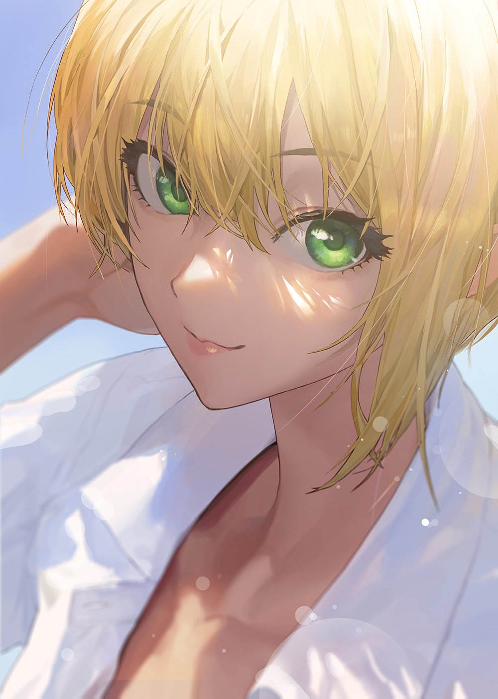1girl asymmetrical_hair bangs blonde_hair blue_sky collared_shirt commentary day eyebrows_visible_through_hair face green_eyes hair_between_eyes hand_behind_head highres idolmaster idolmaster_cinderella_girls light_smile lips looking_at_viewer looking_to_the_side miyamoto_frederica mossi open_clothes open_shirt outdoors portrait shirt short_hair sky solo white_shirt