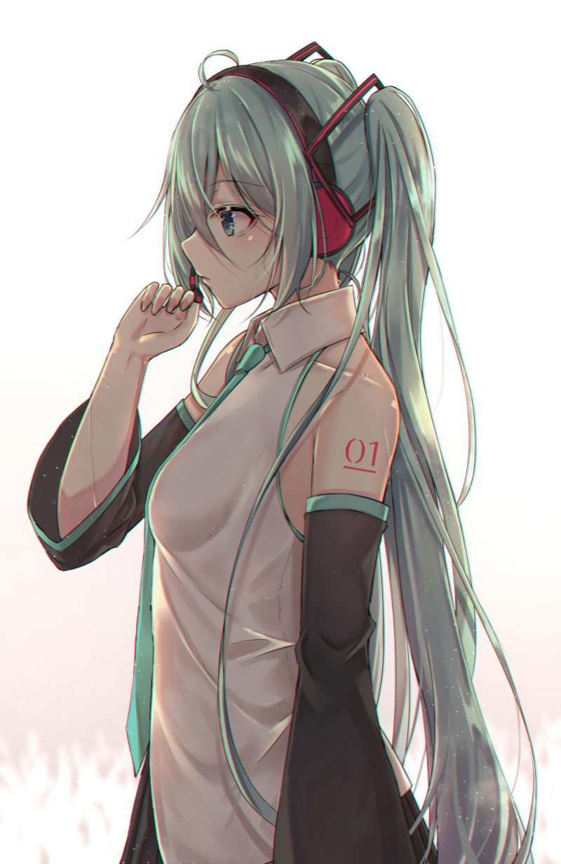 1girl ahoge akira_(been0328) bare_shoulders black_skirt black_sleeves breasts collared_shirt commentary detached_sleeves gradient gradient_background green_eyes green_hair green_neckwear grey_background hair_ornament hatsune_miku headphones headset highres long_hair long_sleeves necktie pleated_skirt profile shirt skirt sleeveless sleeveless_shirt small_breasts solo twintails upper_body very_long_hair vocaloid white_background white_shirt wide_sleeves