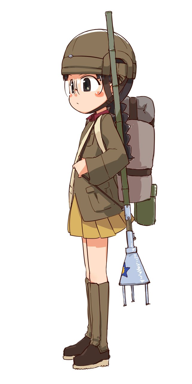 1girl backpack bag bangs black_hair blush_stickers boots braid brown_eyes brown_footwear brown_headwear brown_jacket chi-hatan_military_uniform closed_mouth from_side fukuda_(girls_und_panzer) full_body girls_und_panzer hamahara_yoshio helmet highres jacket knee_boots light_frown long_hair long_sleeves lunge_mine military military_uniform miniskirt pleated_skirt round_eyewear simple_background skirt solo standing uniform white_background yellow_skirt