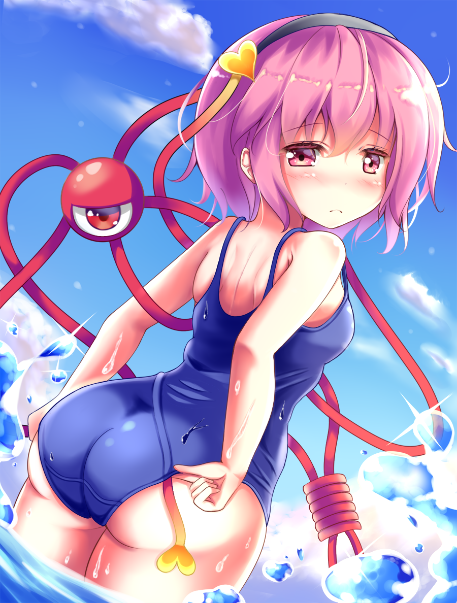 1girl adjusting_clothes adjusting_swimsuit alternate_costume ass blue_sky blush breasts clouds day dutch_angle eyebrows_visible_through_hair from_behind frown hair_between_eyes hair_ornament hairband heart heart_hair_ornament komeiji_satori looking_at_viewer looking_back old_school_swimsuit outdoors pink_eyes pink_hair school_swimsuit short_hair shoulder_blades sky small_breasts solo standing swimsuit touhou unory wading water water_drop wet