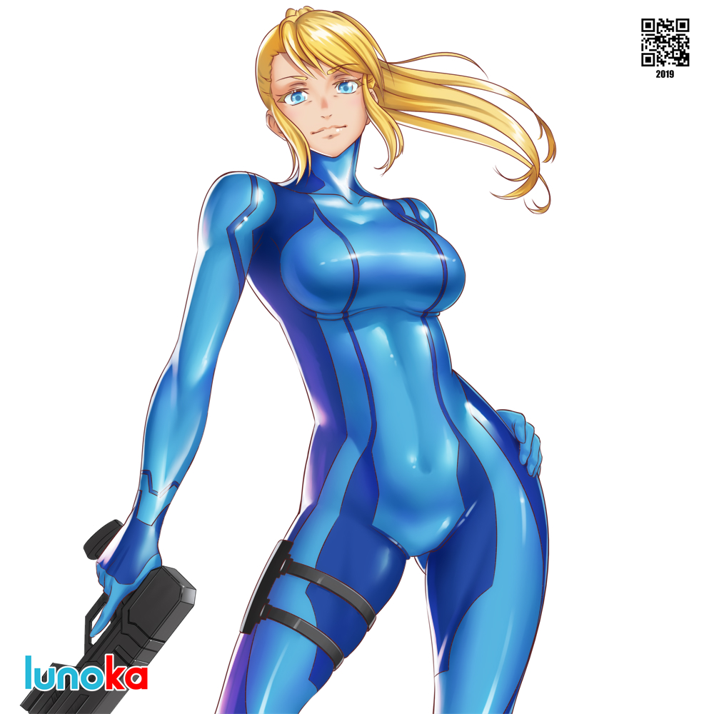 1girl arm_at_side artist_name ass_visible_through_thighs bangs blonde_hair blue_bodysuit blue_eyes bodysuit breasts collarbone covered_navel cowboy_shot eyebrows_visible_through_hair floating_hair gun hand_on_hip handgun high_ponytail holding holding_gun holding_weapon holster impossible_bodysuit impossible_clothes lips long_hair looking_at_viewer lunoka medium_breasts metroid ponytail samus_aran shiny shiny_clothes sidelocks simple_background skin_tight smile solo swept_bangs thigh_holster weapon white_background zero_suit