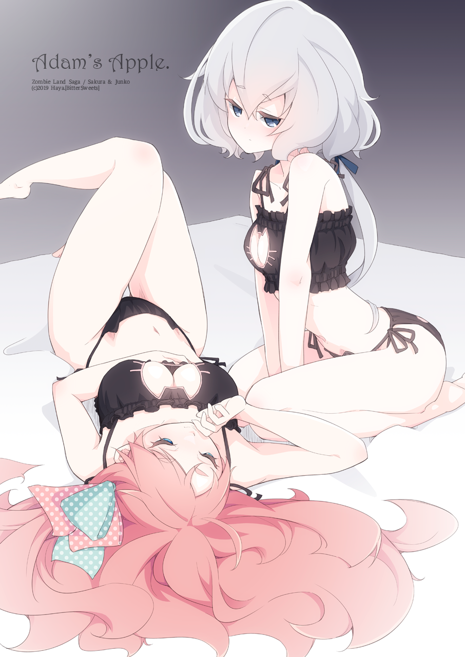 2girls black_bra black_panties blue_eyes bow bra cat_cutout cat_ear_panties cat_lingerie cleavage_cutout commentary_request frilled_bra frills grey_eyes grey_hair haya_bs highres knees_up konno_junko low_twintails lying meme_attire minamoto_sakura multiple_girls on_back on_bed panties pink_hair polka_dot polka_dot_bow redhead ribbon seiza side-tie_panties side_ponytail sitting twintails underwear underwear_only zombie_land_saga