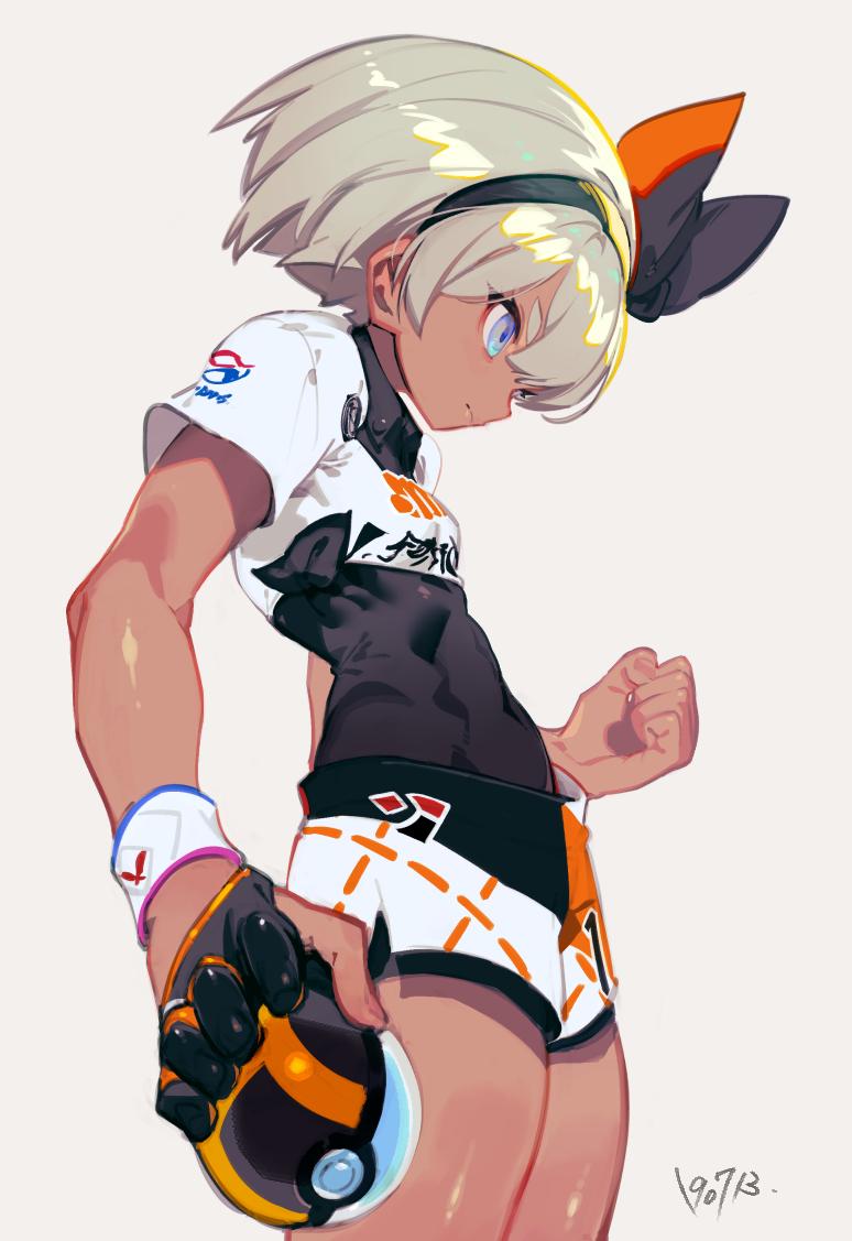 1girl abs bodysuit covered_navel dark_skin gloves grey_eyes grey_hair hairband kodama_(wa-ka-me) pokemon pokemon_(game) pokemon_swsh ribbon saitou_(pokemon) shirt short_hair short_sleeves shorts simple_background solo white_shirt wristband