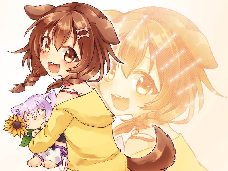 0_0 2girls :3 animal_ear_fluff animal_ears bone_hair_ornament braid braided_tail brown_eyes brown_hair dog_ears dog_tail flower hair_ornament hairclip hololive hood hoodie inugami_korone leaf looking_at_viewer multiple_girls nekomata_okayu open_mouth projected_inset smile souffle_sable stuffed_toy sunflower tagme tail virtual_youtuber white_background