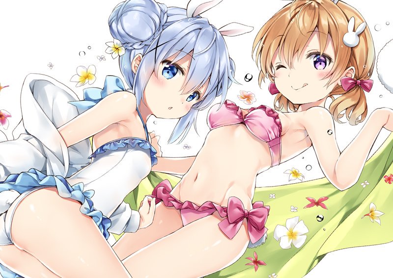 2girls animal_ears ass bangs bare_arms bare_shoulders bikini blue_eyes blue_hair blush bow braid breasts brown_hair bunny_girl bunny_hair_ornament bunny_tail casual_one-piece_swimsuit commentary_request double_bun eyebrows_visible_through_hair flower frilled_bikini frilled_swimsuit frills gochuumon_wa_usagi_desu_ka? groin hair_between_eyes hair_bow hair_flower hair_ornament holding holding_towel hoto_cocoa jacket kafuu_chino kemonomimi_mode long_sleeves medium_breasts multiple_girls natsume_eri navel off_shoulder one-piece_swimsuit parted_lips pink_bikini pink_bow rabbit_ears side_bun simple_background swimsuit tail towel violet_eyes water_drop white_background white_flower white_jacket white_swimsuit x_hair_ornament