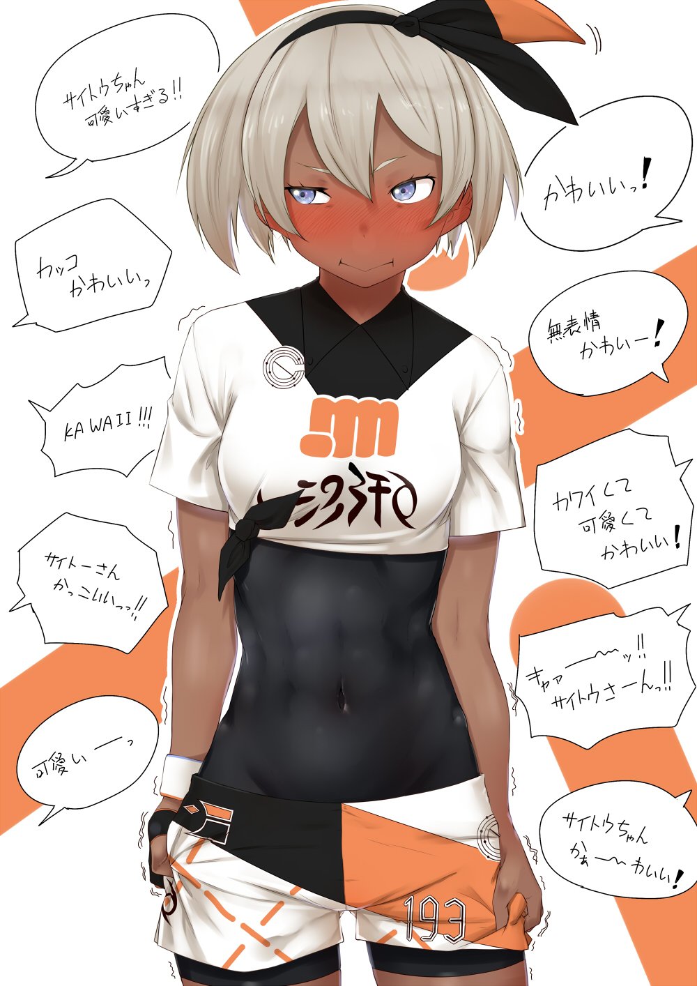 1girl abs blonde_hair blush breasts dark_skin grey_eyes hair_between_eyes hairband highres knee_pads niwatazumi pokemon pokemon_(game) pokemon_swsh saitou_(pokemon) shirt short_hair short_sleeves shorts small_breasts solo tight tight_shirt translated trembling