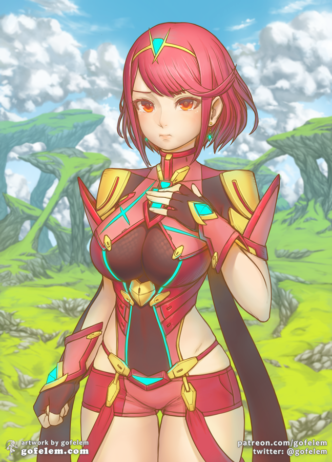 1girl armor bangs breasts day earrings gloves pyra_(xenoblade) jewelry landscape large_breasts looking_at_viewer marfrey outdoors patreon_username red_eyes redhead short_hair solo staring swept_bangs tiara twitter_username watermark web_address xenoblade_(series) xenoblade_2