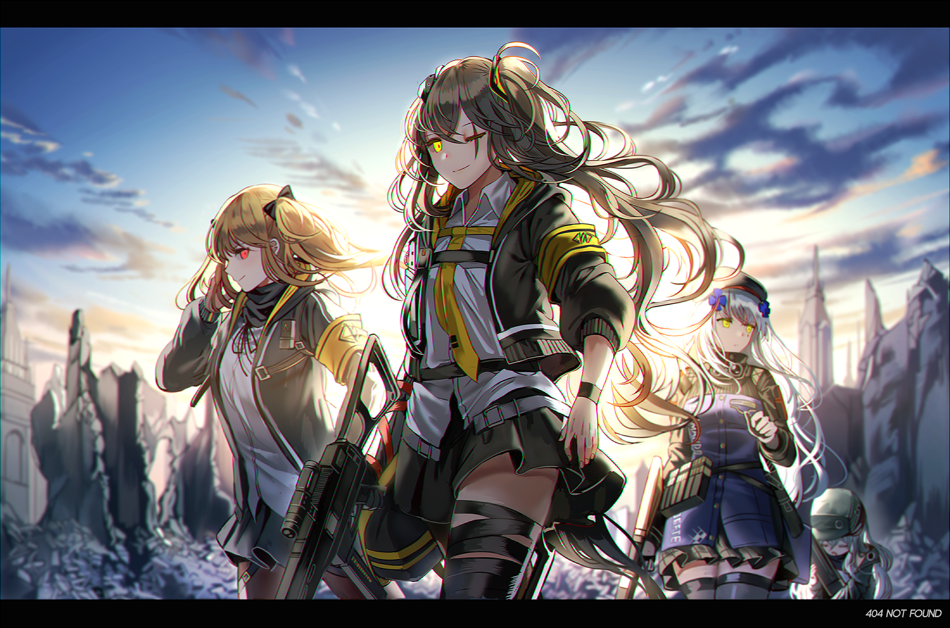 404_(girls_frontline) 4girls armband assault_rifle bangs beret black_legwear blue_sky blunt_bangs blush breasts brown_hair cityscape closed_eyes clouds facial_mark fingerless_gloves g11_(girls_frontline) girls_frontline gloves green_eyes gun h&amp;k_g11 h&amp;k_hk416 hair_between_eyes hair_ornament hairclip hat heckler_&amp;_koch hk416_(girls_frontline) holding holding_gun holding_weapon hood hood_down hooded_jacket jacket letterboxed long_hair looking_at_viewer mechanical_arm medium_breasts military_jacket mod3_(girls_frontline) multiple_girls one-eyed open_mouth outdoors pantyhose plaid plaid_skirt red_eyes ribbon rifle ruins scar scar_across_eye shirt silence_girl silver_hair skirt sky smile sunrise teardrop thigh-highs twintails ump45_(girls_frontline) ump9_(girls_frontline) very_long_hair weapon yellow_eyes