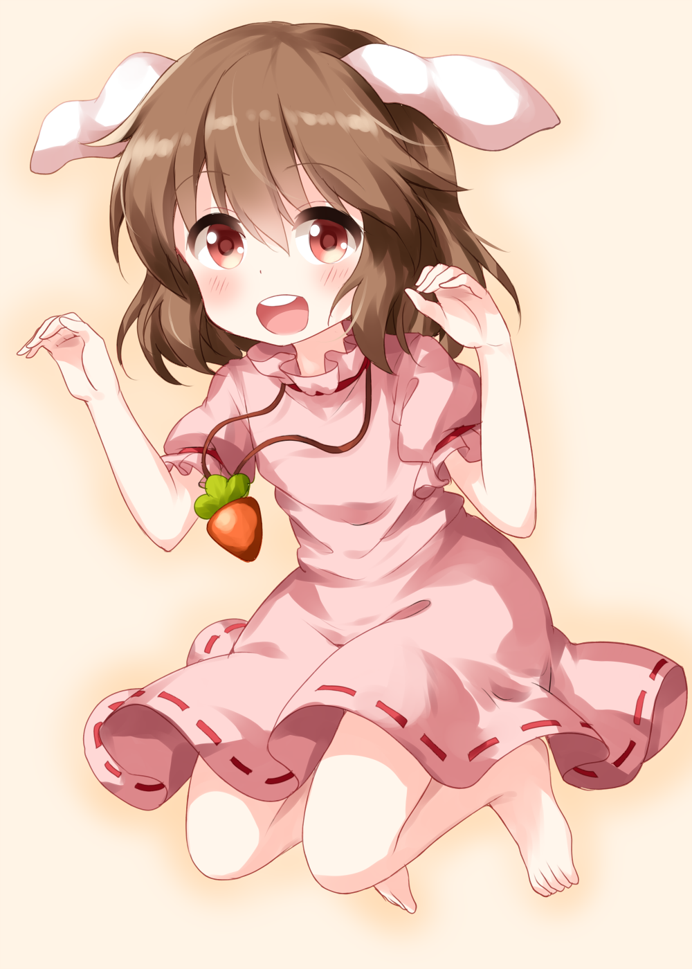1girl animal_ears arms_up barefoot blush brown_hair buck_teeth carrot_necklace dress eyebrows_visible_through_hair folded_leg gradient gradient_background hair_between_eyes high_collar highres inaba_tewi jumping looking_at_viewer pink_background pink_dress puffy_short_sleeves puffy_sleeves rabbit_ears red_eyes ribbon-trimmed_dress ruu_(tksymkw) short_hair short_sleeves solo touhou