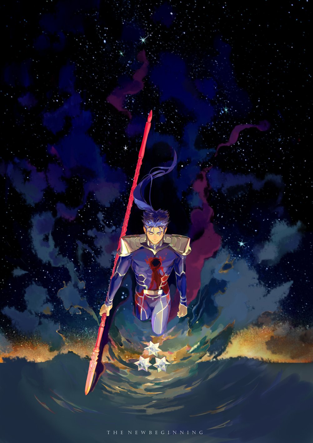 1boy armor bleeding blood bloody_clothes blue_hair closed_eyes closed_mouth clouds cowboy_shot deep_wound earrings fate/grand_order fate/stay_night fate_(series) floating_hair gae_bolg highres holding holding_polearm holding_spear holding_weapon injury jewelry lancer pain pauldrons polearm ponytail saint_quartz shoulder_armor sky solo spear star_(sky) starry_sky taro-k walking water weapon