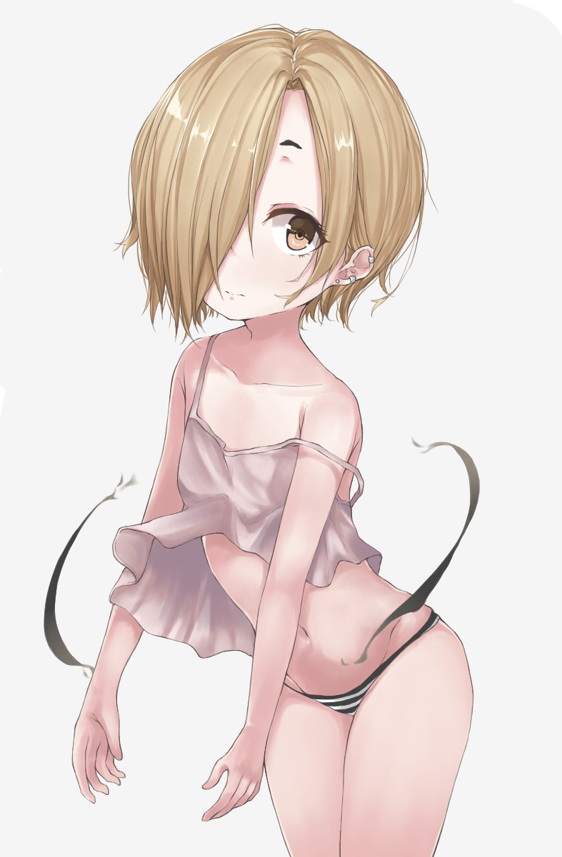 1girl arms_at_sides bare_arms bare_legs blonde_hair brown_eyes closed_mouth collarbone cowboy_shot ear_piercing grey_background groin hair_over_one_eye highres idolmaster idolmaster_cinderella_girls leaning_forward looking_at_viewer navel pale_skin panties parusu_(ehyfhugj) piercing raised_eyebrows shadow shirasaka_koume short_eyebrows short_hair simple_background solo standing strap_slip striped striped_panties tank_top tareme underwear white_tank_top wind wind_lift