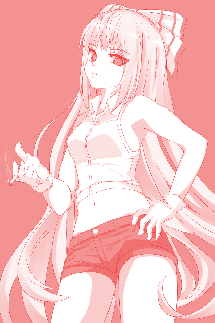 1girl adapted_costume bangs bare_arms bare_shoulders bow breasts cigarette cowboy_shot crop_top eyebrows_visible_through_hair fujiwara_no_mokou gloves hair_bow hand_on_hip highres holding holding_cigarette long_hair looking_at_viewer medium_breasts midriff monochrome navel paburisiyasu red_background shirt short_shorts shorts simple_background sleeveless sleeveless_shirt solo standing stomach thighs touhou very_long_hair wing_collar