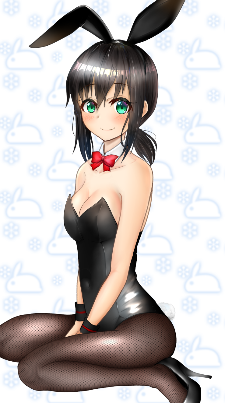 1girl animal_ears black_footwear black_hair black_legwear black_leotard bow bowtie breasts bunny_girl bunny_tail bunnysuit commentary_request detached_collar fubuki_(kantai_collection) green_eyes high_heels highres kantai_collection kiyu_fuyuki leotard long_hair looking_at_viewer low_ponytail medium_breasts pantyhose ponytail rabbit rabbit_ears red_neckwear shiny shiny_clothes sidelocks sitting snowflakes solo strapless strapless_leotard tail wariza white_background wrist_cuffs