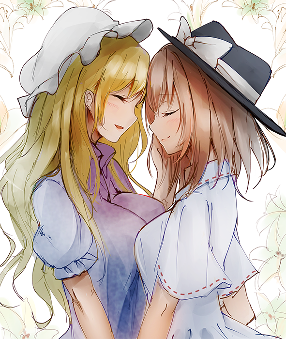2girls :d ^_^ akehi_yuki bangs black_headwear blonde_hair blush bow breasts brown_hair closed_eyes commentary_request eyebrows_visible_through_hair facing_another fedora from_side grey_shirt hand_on_another's_cheek hand_on_another's_face hat hat_bow large_breasts long_hair maribel_hearn mob_cap multiple_girls open_mouth profile puffy_short_sleeves puffy_sleeves ribbon-trimmed_sleeves ribbon_trim shirt short_hair short_sleeves smile touhou upper_body usami_renko white_background white_bow white_headwear