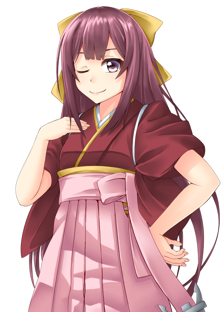 1girl bow commentary_request doyagao hakama hand_on_own_chest highres japanese_clothes kamikaze_(kantai_collection) kantai_collection kimono long_hair looking_at_viewer meiji_schoolgirl_uniform one_eye_closed pink_hakama purple_hair red_kimono sano_souichi smile smug solo violet_eyes yellow_bow