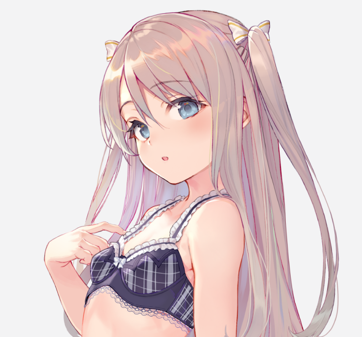 1girl blue_eyes blush bow bra breasts commentary_request eyebrows_visible_through_hair grey_background hair_bow hand_on_own_chest light_brown_hair long_hair looking_at_viewer original parted_lips shirabi simple_background small_breasts solo two_side_up underwear upper_body