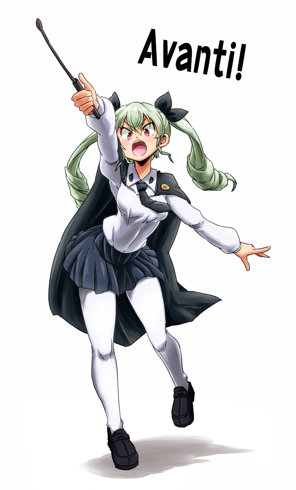 1girl anchovy anzio_school_uniform aono3 bangs black_skirt cape drill_hair girls_und_panzer green_hair hair_ribbon highres holding long_hair long_sleeves necktie open_mouth pantyhose pleated_skirt red_eyes ribbon school_uniform simple_background skirt solo teeth tongue twin_drills white_background