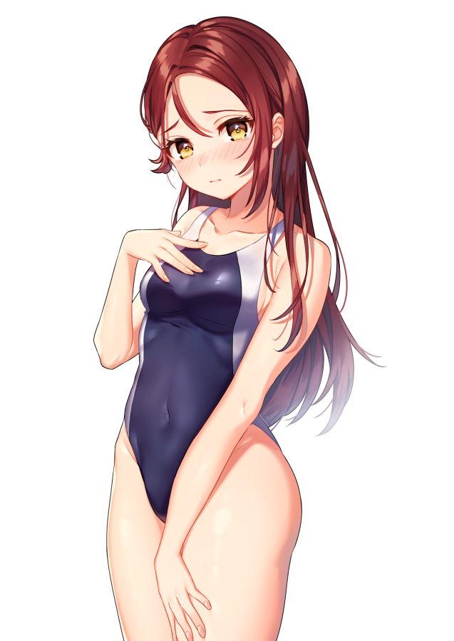 1girl bare_arms bare_shoulders blush breasts brown_eyes closed_mouth collarbone commentary_request competition_swimsuit covered_navel cowboy_shot hand_on_own_chest hand_up long_hair looking_at_viewer love_live! love_live!_sunshine!! medium_breasts moyui_(myi_005) nose_blush one-piece_swimsuit redhead sakurauchi_riko sidelocks simple_background solo standing swimsuit thighs white_background