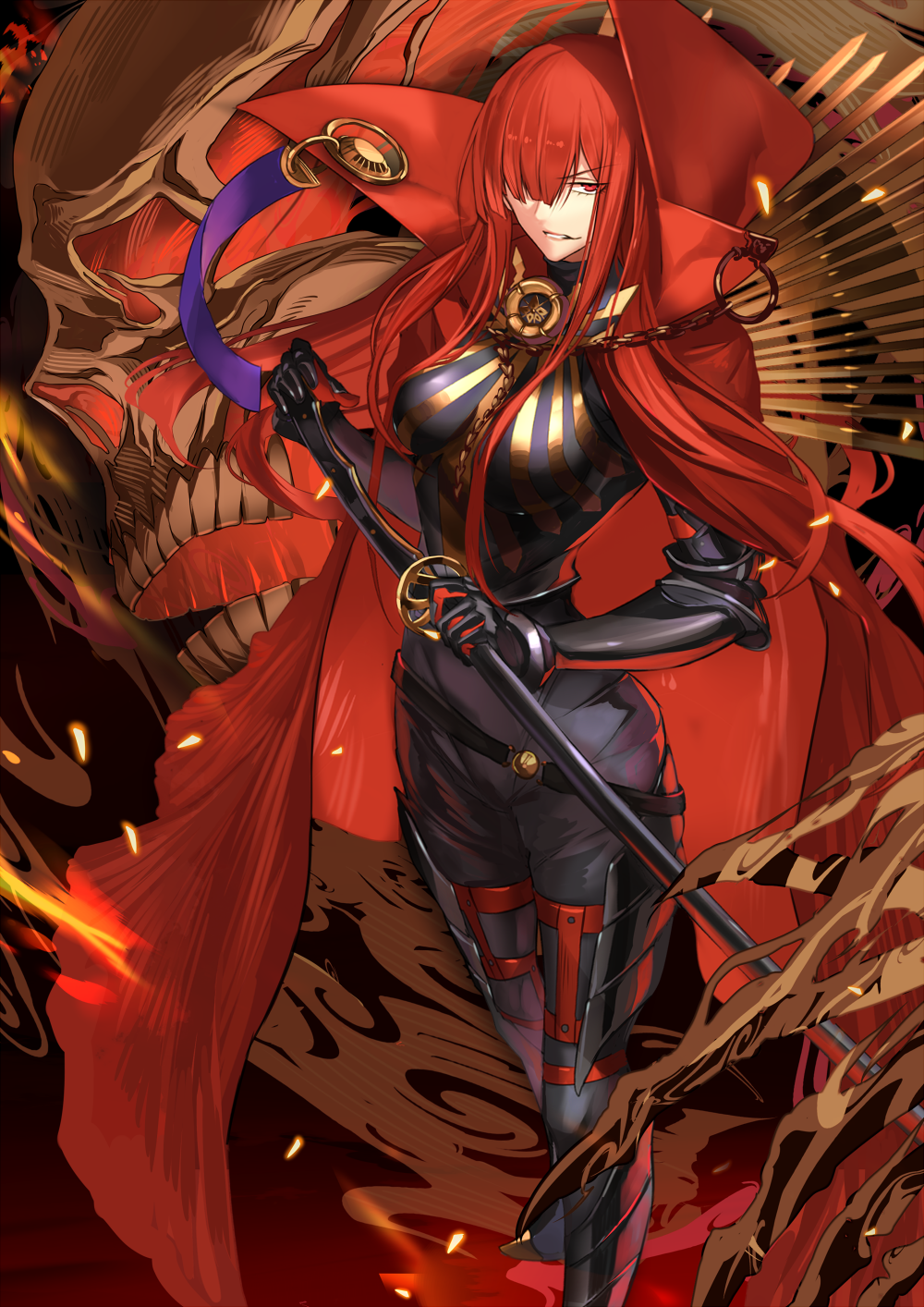 1girl black_gloves bodysuit boots breasts cape fate/grand_order fate_(series) gloves greaves grin hair_over_one_eye highres karlwolf katana long_hair looking_at_viewer oda_nobunaga_(maou_avenger)_(fate) red_eyes redhead sheath sheathed skull smile solo sword weapon