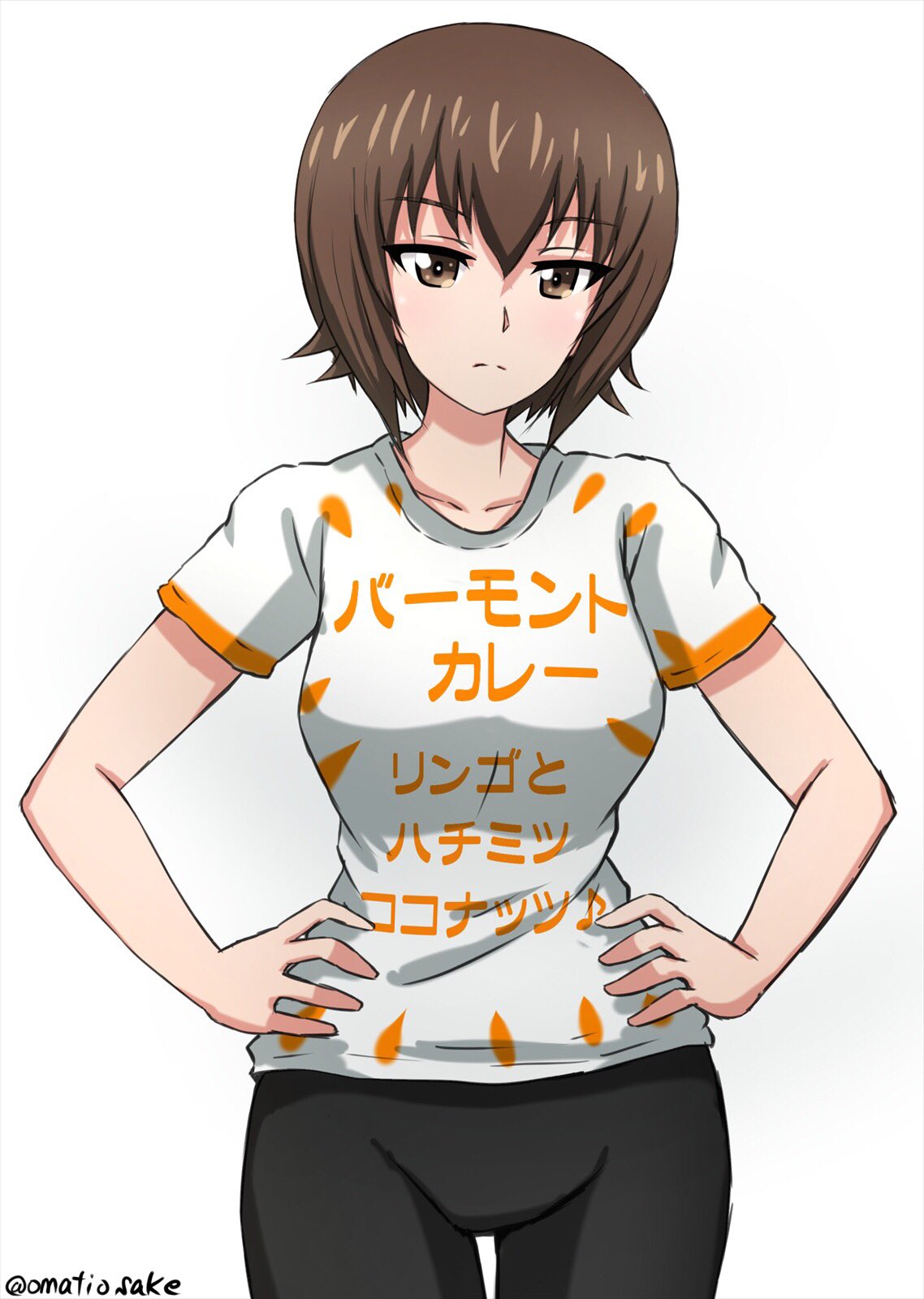 1girl bangs bike_shorts black_shorts brown_eyes brown_hair carrot_print casual closed_mouth clothes_writing commentary cowboy_shot eyebrows_visible_through_hair food_print frown girls_und_panzer groin highres looking_at_viewer nishizumi_maho omachi_(slabco) print_shirt shirt short_hair short_sleeves shorts simple_background solo standing t-shirt translated twitter_username white_background white_shirt