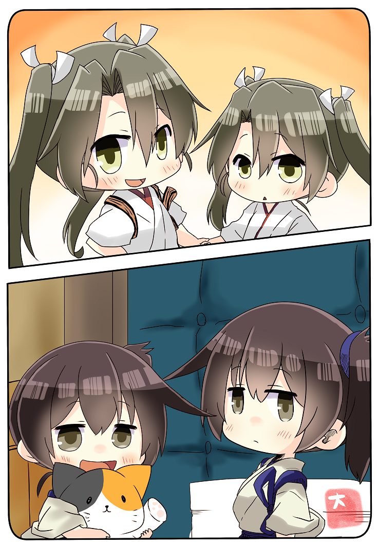 4girls :d animal artist_name blush brown_eyes brown_hair cat dual_persona eyebrows_visible_through_hair green_eyes green_hair hair_between_eyes hair_ribbon japanese_clothes kaga_(kantai_collection) kantai_collection long_hair multiple_girls open_mouth paper ribbon short_hair side_ponytail smile taisa_(kari) tasuki triangle_mouth twintails white_ribbon zuikaku_(kantai_collection)