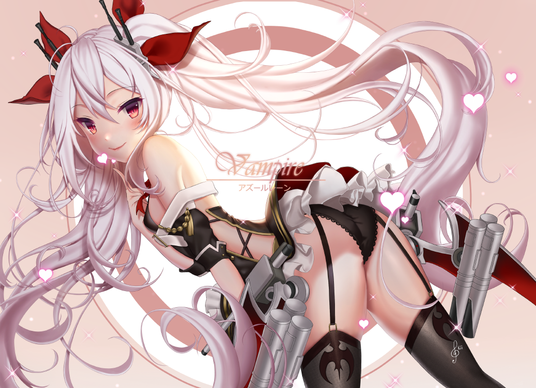 1girl ass azur_lane bangs bare_shoulders black_bra black_dress black_panties blush bra breasts character_name dress eyebrows_visible_through_hair glint gloves hair_between_eyes hair_ribbon hand_up headgear heart index_finger_raised lace lace-trimmed_panties leaning_forward long_hair looking_at_viewer nyeeshii panties red_eyes red_ribbon ribbon rigging silver_hair small_breasts smile solo thigh-highs torpedo_launcher twintails underwear vampire_(azur_lane) very_long_hair