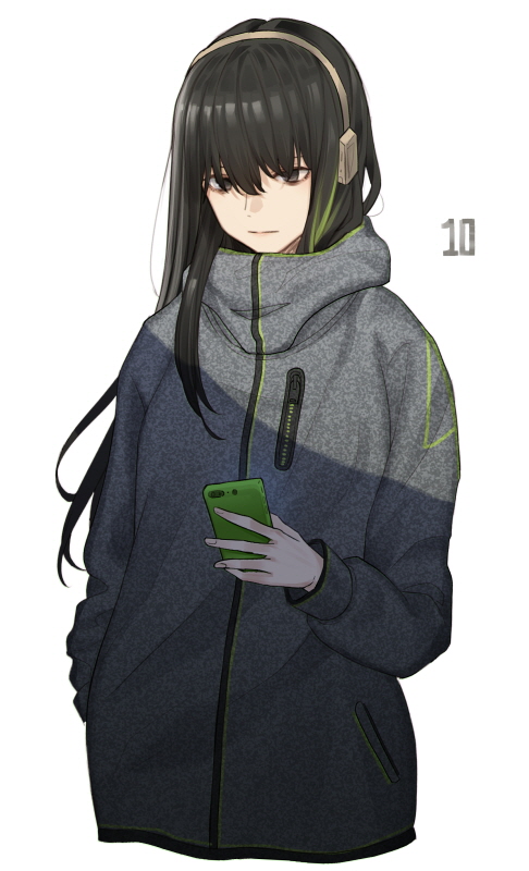 1girl bangs black_eyes black_hair cellphone girls_frontline hand_in_pocket headset jacket long_hair m4a1_(girls_frontline) phone simple_background smartphone solo ten_cws white_background