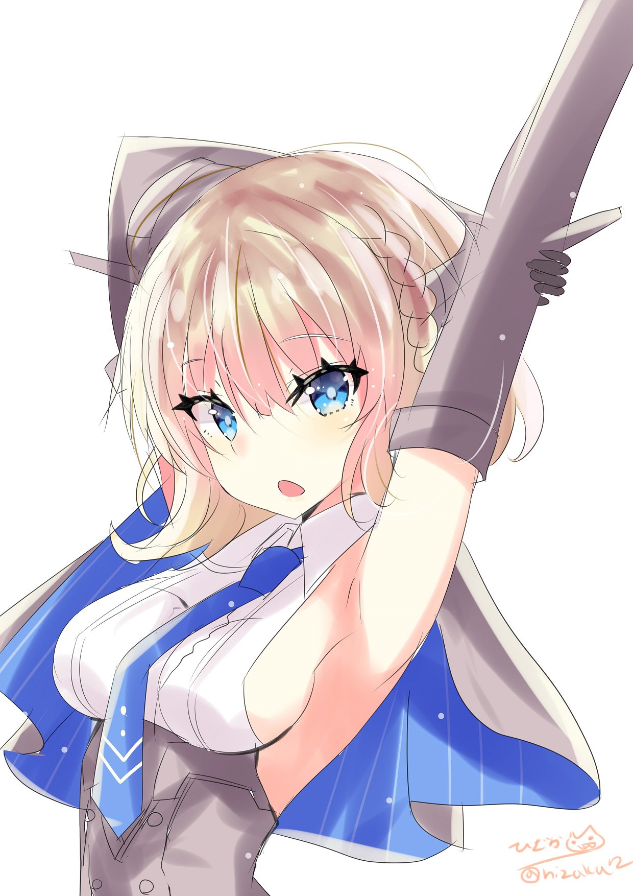 1girl black_gloves blonde_hair blue_eyes blue_neckwear breasts colorado_(kantai_collection) dress elbow_gloves eyebrows_visible_through_hair gloves grey_dress hair_between_eyes hand_up headgear highres hizaka kantai_collection large_breasts necktie open_mouth shirt short_hair side_braids sideboob simple_background sleeveless solo white_background white_shirt