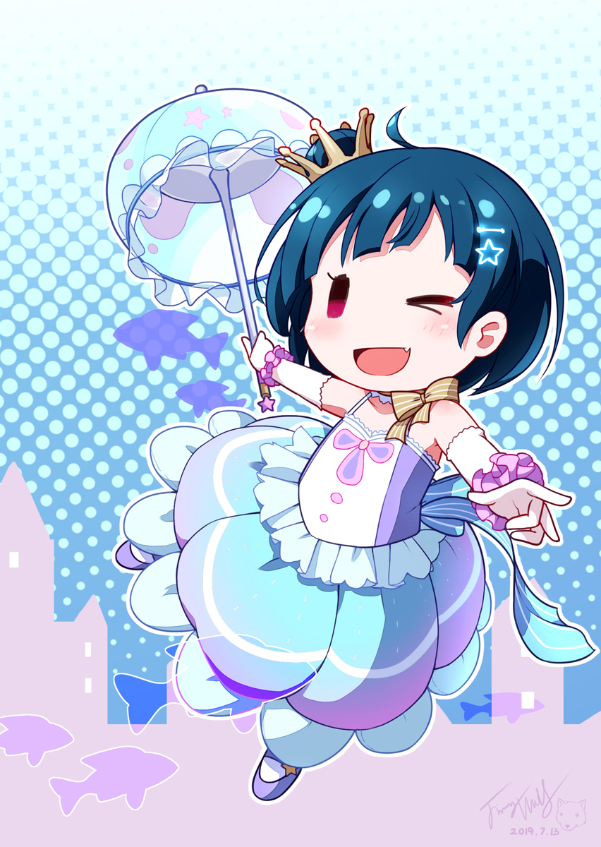 &gt;_o 1girl ;d ahoge bangs blue_bow blue_hair blue_skirt blue_umbrella blush bow camisole chibi crown elbow_gloves fang fish gloves hair_bun hair_ornament hairclip halftone halftone_background highres holding holding_umbrella langbazi love_live! love_live!_sunshine!! mini_crown one_eye_closed open_mouth outstretched_arms pink_scrunchie pleated_skirt purple_camisole purple_footwear red_eyes scrunchie shoes skirt smile solo star star_hair_ornament striped striped_bow tilted_headwear tsushima_yoshiko umbrella white_gloves white_legwear wrist_scrunchie