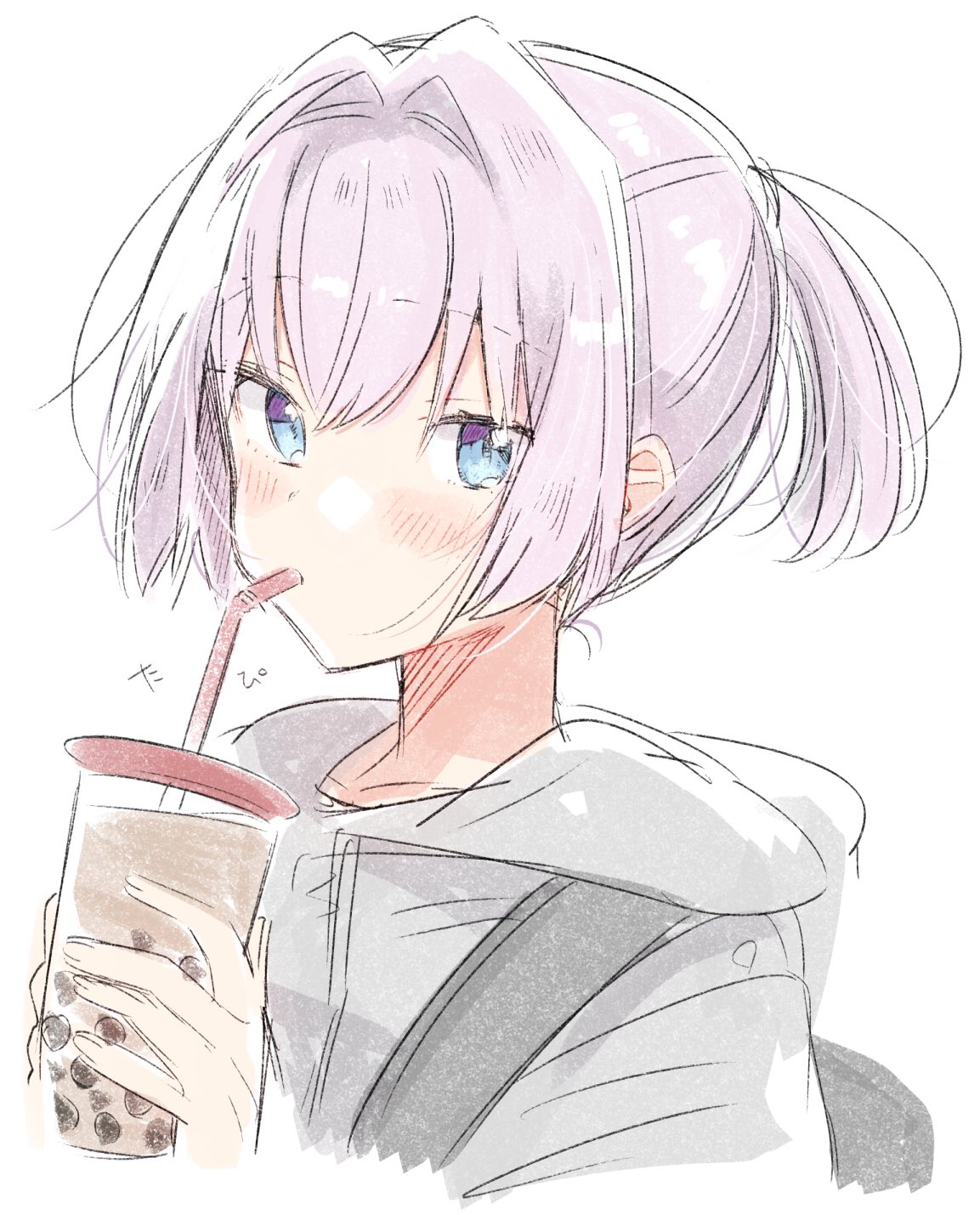 1girl backpack bag bangs blue_eyes blush bubble_tea commentary_request cup drinking drinking_straw grey_sweater hair_intakes highres holding holding_cup hood hooded_sweater hoodie kantai_collection looking_at_viewer pink_hair ponytail shiranui_(kantai_collection) short_hair short_ponytail simple_background sipping solo sweater takeshima_(nia) upper_body white_background