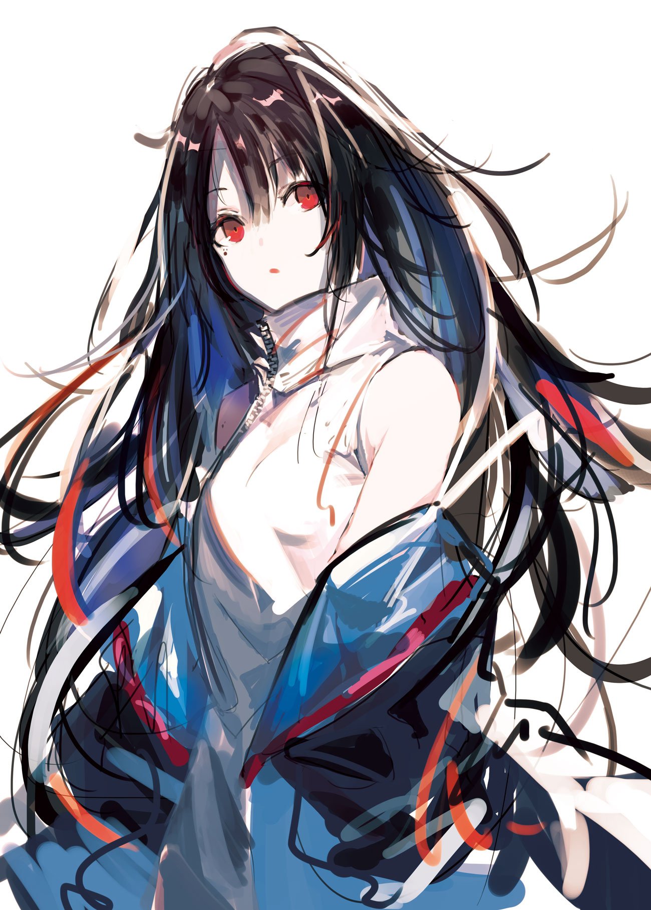 1girl black_hair c-ms_(girls_frontline) girls_frontline highres irikawa jacket long_hair off_shoulder parted_lips red_eyes simple_background solo white_background