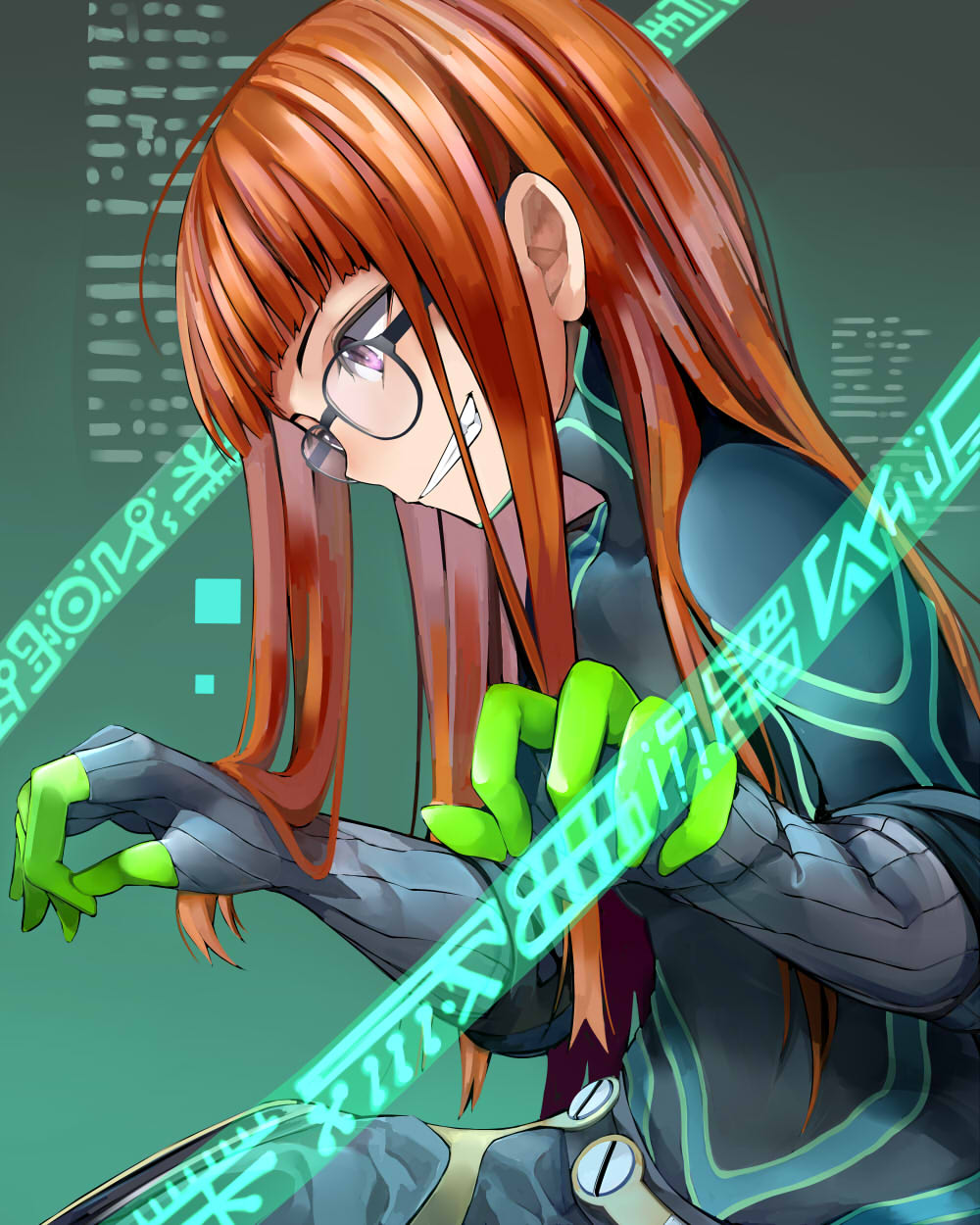 1girl black-framed_eyewear bodysuit brown_hair from_side glasses green_background grin highres long_hair nemu_(nebusokugimi) persona persona_5 sakura_futaba shiny shiny_hair sitting smile solo straight_hair violet_eyes