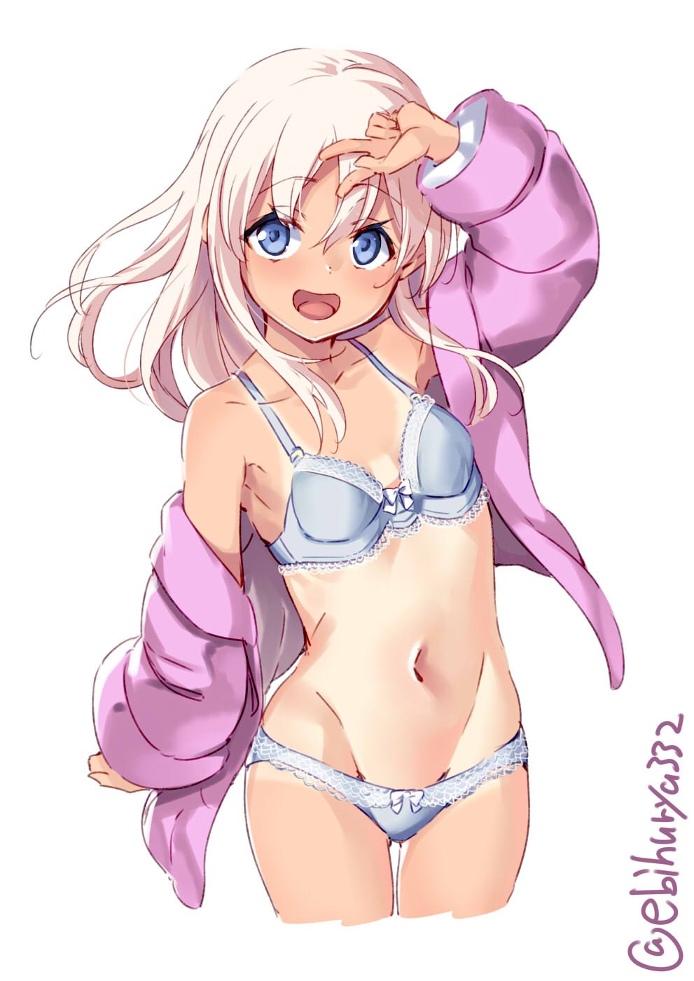 1girl arm_at_side armpits ass_visible_through_thighs bare_shoulders blonde_hair blue_eyes bow bow_panties bra breasts collarbone cowboy_shot ebifurya frilled_bra frilled_panties frills grey_bra grey_panties groin hair_between_eyes highres jacket kantai_collection long_hair long_sleeves looking_at_viewer open_mouth panties pink_jacket ro-500_(kantai_collection) small_breasts solo standing stomach thigh_gap underwear white_background