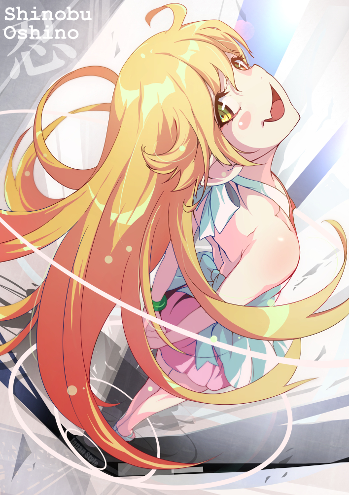 1girl :d arms_behind_back bare_shoulders blonde_hair blush_stickers dress fang gesugesu_ahoaho long_hair looking_at_viewer monogatari_(series) open_mouth oshino_shinobu shaft_look sleeveless sleeveless_dress smile solo very_long_hair yellow_eyes