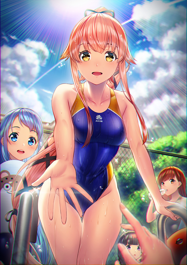 4girls bangs bare_shoulders black_hair blue_eyes blue_hair blue_sky blue_swimsuit blunt_bangs blush bottle breasts brown_eyes brown_hair chain-link_fence clouds collarbone commentary_request competition_swimsuit day enemy_lifebuoy_(kantai_collection) fence hair_flaps hair_ribbon kantai_collection kitakami_(kantai_collection) kyon_(fuuran) leaning_forward lips long_hair looking_at_viewer medium_breasts multiple_girls one-piece_swimsuit ooi_(kantai_collection) open_mouth outdoors outstretched_hand pink_hair ponytail pool_ladder ribbon samidare_(kantai_collection) sky smile standing swimsuit upper_teeth very_long_hair violet_eyes water water_bottle wet yellow_eyes yura_(kantai_collection)