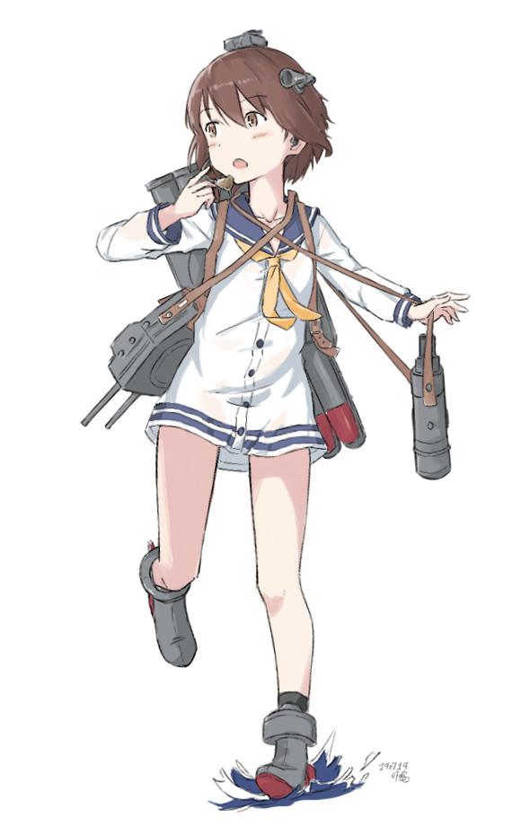 1girl binoculars black_legwear brown_eyes brown_hair dress full_body headgear headset kantai_collection kusakasima looking_to_the_side neckerchief running sailor_dress short_hair simple_background socks solo speaking_tube_headset torpedo_launcher turret white_background yellow_neckwear yukikaze_(kantai_collection)