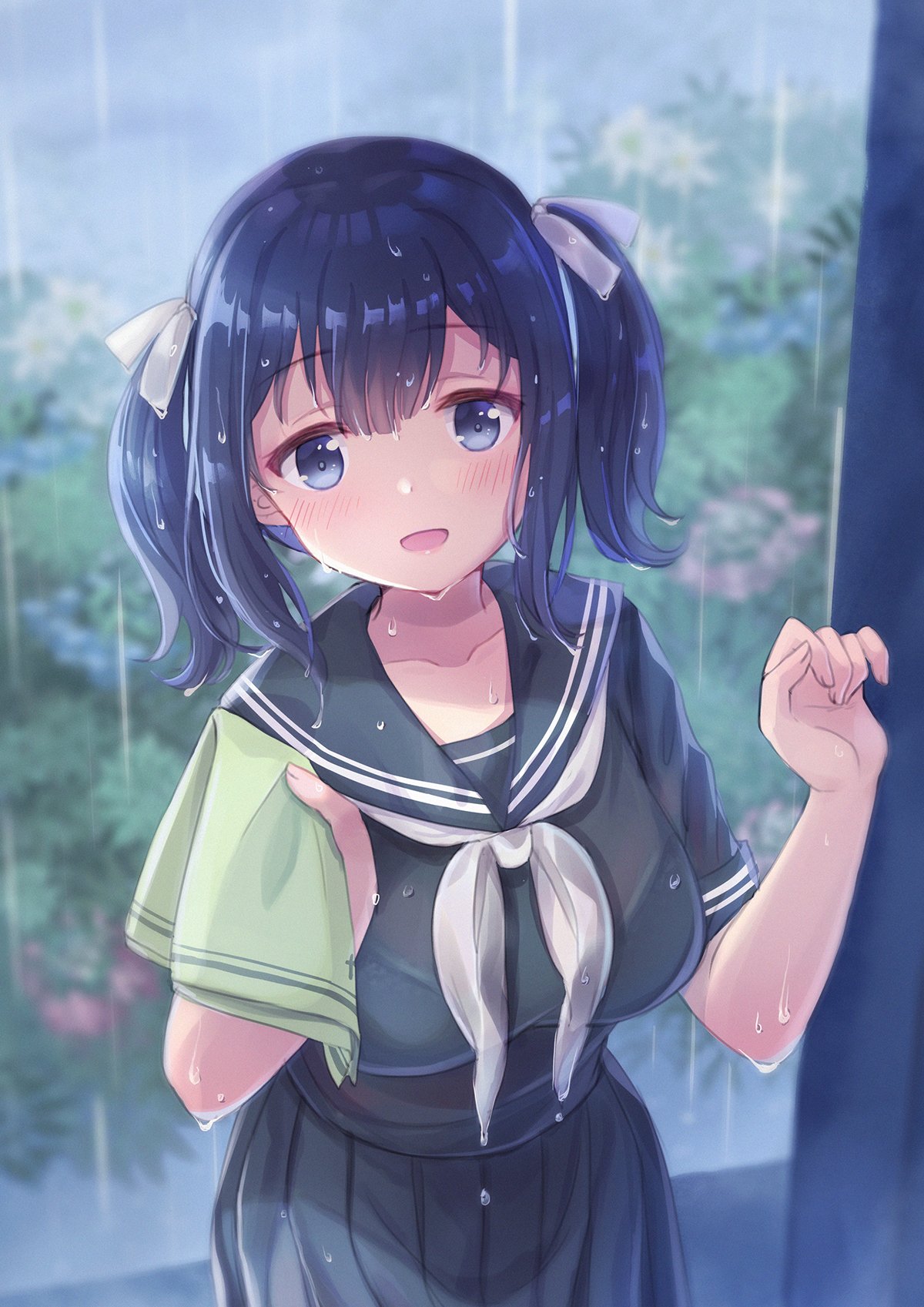 1girl bangs blue_eyes blue_hair blurry blurry_background blush bra breasts collarbone day emia_wang eyebrows_visible_through_hair flower hair_ribbon handkerchief highres holding kantai_collection large_breasts neckerchief open_clothes outdoors pleated_skirt rain ribbon sailor_collar school_uniform see-through serafuku shirt short_sleeves skirt solo souryuu_(kantai_collection) twintails underwear wet wet_clothes wet_hair wet_shirt white_neckwear white_ribbon