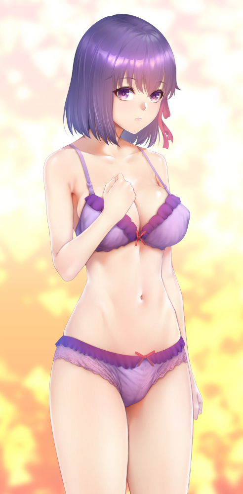 1girl bangs bare_shoulders blush bra breasts closed_mouth collarbone fate/stay_night fate_(series) hair_between_eyes hair_ribbon large_breasts looking_at_viewer matou_sakura navel panties purple_bra purple_hair purple_panties purple_ribbon ribbon short_hair solo thighs underwear violet_eyes zucchini