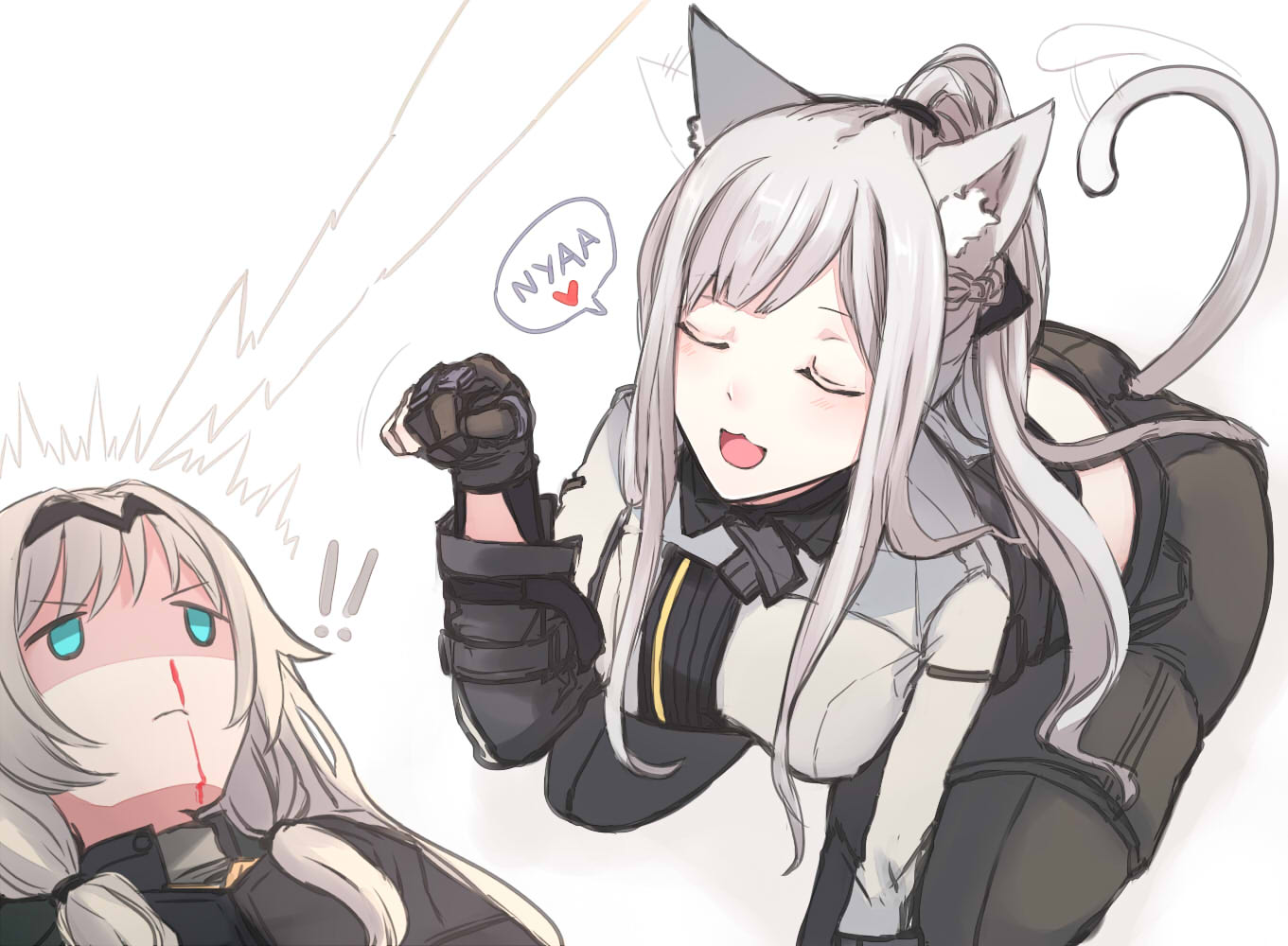 !! 2girls ak-12_(girls_frontline) an-94_(girls_frontline) animal_ears aqua_eyes bangs blood cat_ears cat_tail closed_eyes closed_mouth girls_frontline gloves jacket long_hair multiple_girls nosebleed open_mouth pants silver_hair tail tail_wagging u_nagidon white_background