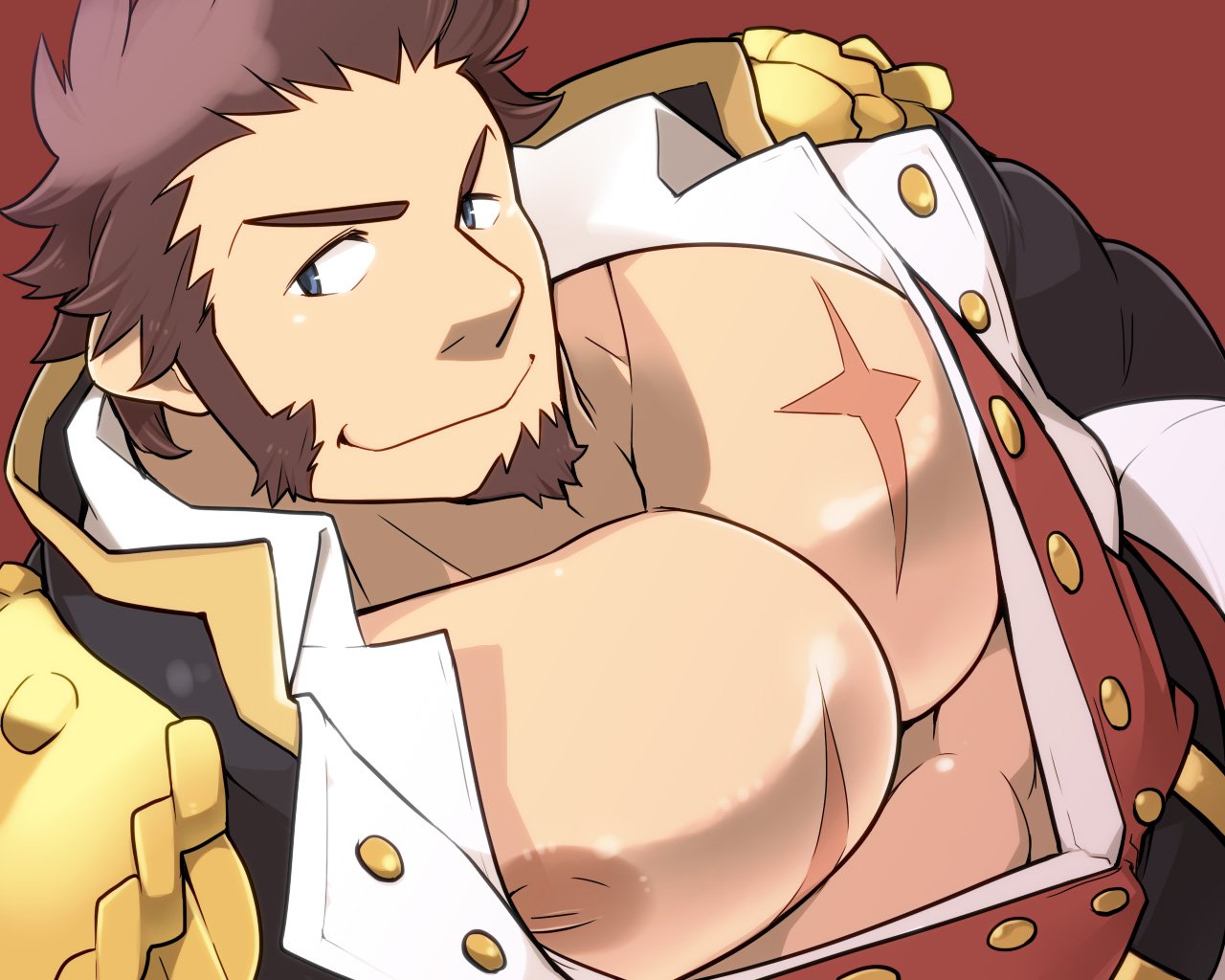 1boy abs bara beard blue_eyes brown_hair chest epaulettes facial_hair fate/grand_order fate_(series) long_sleeves looking_at_viewer male_focus military muscle napoleon_bonaparte_(fate/grand_order) nipples pectorals scar simple_background smile solo takezamurai uniform upper_body