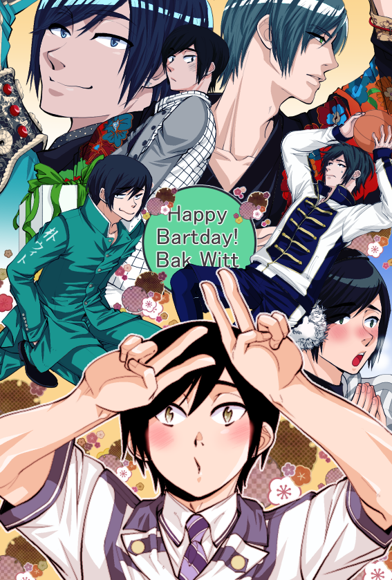 :o alternate_eye_color alternate_hair_color aqua_hair arms_up arsmagna bak_witt bangs basketball black_hair blue_eyes blue_hair blush body_blush brown_eyes character_name collarbone double_v embarrassed hair_over_one_eye half-closed_eyes hands_in_pockets happy_birthday higashiyama_kazuko high_collar japanese_clothes looking_at_viewer male_focus multiple_views neck necktie school_uniform smile swept_bangs v wavy_mouth