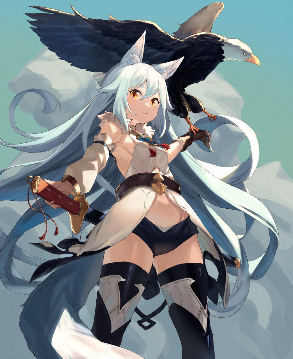 1girl animal animal_ears bangs bare_shoulders bird black_legwear black_shorts blue_hair blue_sky breasts brown_gloves closed_mouth clouds cloudy_sky commentary_request day detached_sleeves dress eagle fang fang_out fox_ears fox_girl fox_tail gloves hair_between_eyes katana long_hair long_sleeves original outdoors panties peroncho puffy_long_sleeves puffy_sleeves ready_to_draw red_eyes sheath sheathed short_eyebrows short_shorts shorts single_detached_sleeve single_glove sky sleeveless sleeveless_dress small_breasts smile solo standing sword tail thick_eyebrows thigh-highs underwear very_long_hair weapon white_dress white_panties white_sleeves