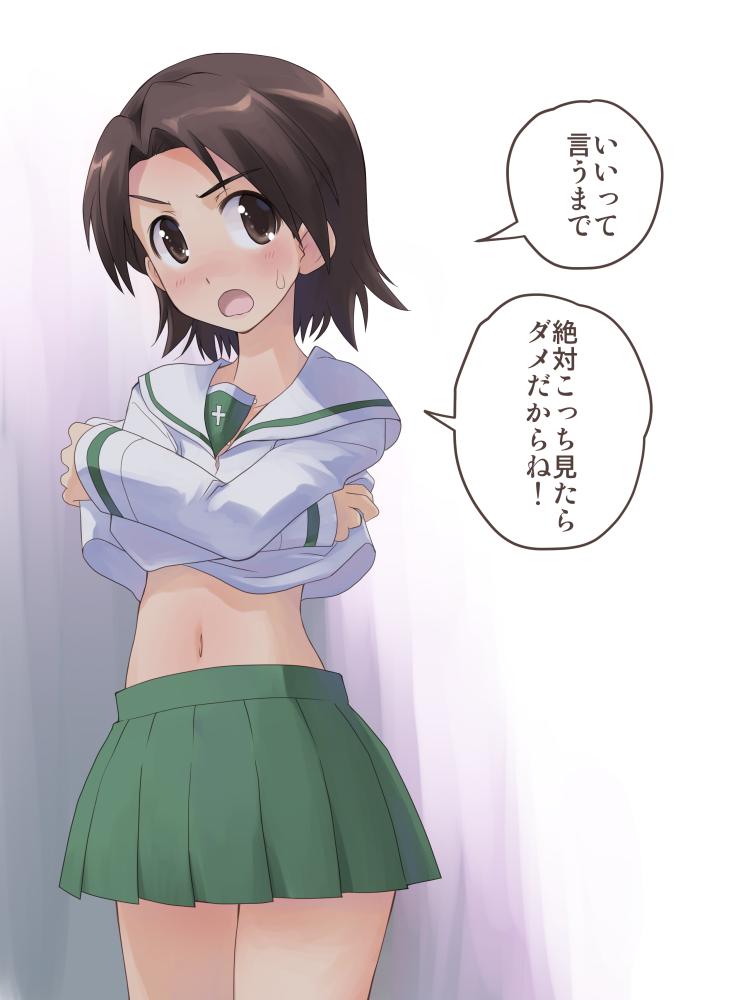 1girl bangs blouse blush brown_eyes brown_hair commentary cowboy_shot frown girls_und_panzer green_skirt lifted_by_self long_sleeves looking_at_viewer miniskirt nishizumi_miho no_neckwear ooarai_school_uniform open_mouth osamada_meika pleated_skirt school_uniform serafuku shirt_lift short_hair skirt solo sweatdrop translated undressing white_blouse