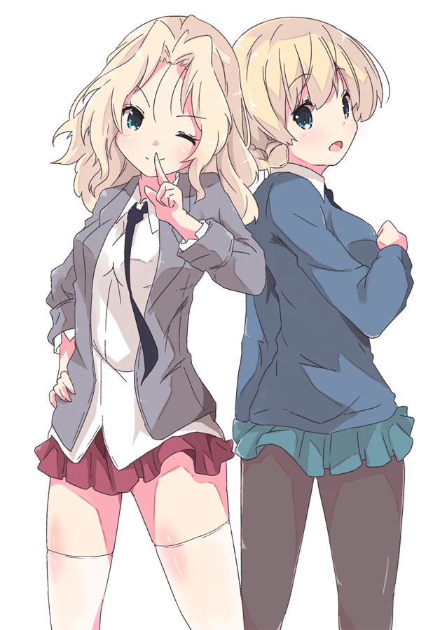 2girls back-to-back bangs black_legwear black_neckwear blazer blonde_hair blouse blue_eyes blue_skirt blue_sweater braid collared_blouse commentary cowboy_shot darjeeling dress_shirt eyebrows_visible_through_hair finger_to_mouth from_behind girls_und_panzer grey_jacket hair_intakes hand_on_hip head_tilt jacket kay_(girls_und_panzer) long_hair long_sleeves looking_at_viewer looking_back miniskirt multiple_girls necktie one_eye_closed open_clothes open_jacket open_mouth pantyhose pleated_skirt red_skirt saunders_school_uniform school_uniform shirt short_hair shushing simple_background skirt smile st._gloriana's_school_uniform standing sweater thigh-highs tied_hair tom_q_(tomtoq) white_background white_blouse white_legwear white_shirt
