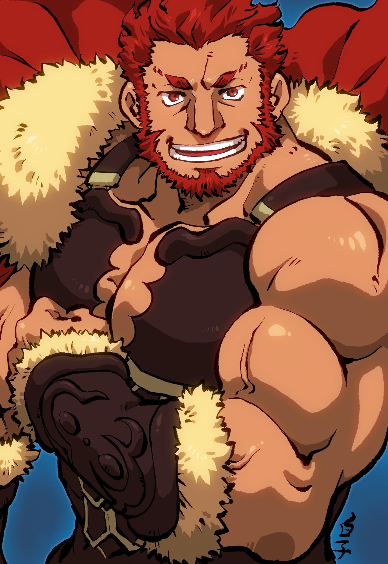 1boy 41raco armor bara beard biceps breastplate cape chest facial_hair fate/grand_order fate/zero fate_(series) highres leather male_focus muscle red_eyes redhead rider_(fate/zero) smile teeth upper_body veins