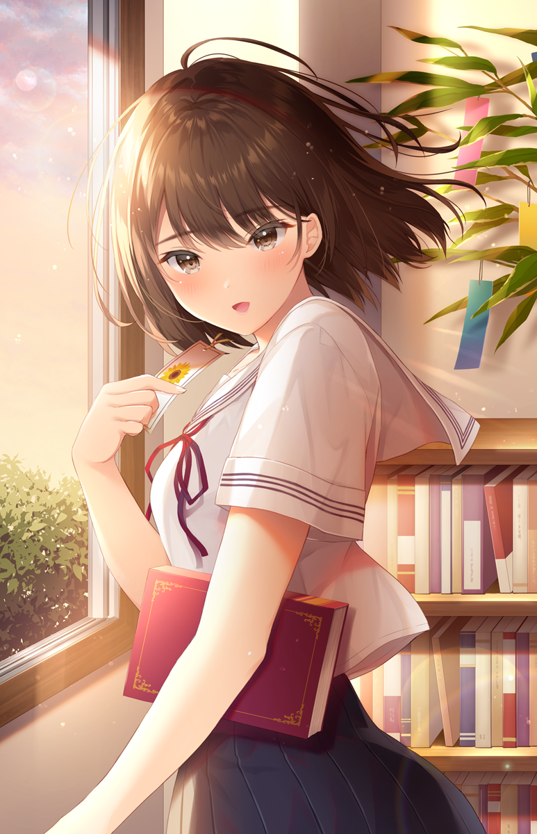 1girl :d bangs black_skirt blush book bookmark bookshelf brown_eyes brown_hair carrying_under_arm commentary_request eyebrows_visible_through_hair hair_between_eyes highres holding indoors looking_at_viewer looking_to_the_side neck_ribbon noda_shuha open_mouth original pleated_skirt red_ribbon ribbon sailor_collar school_uniform serafuku shirt short_sleeves skirt smile solo tanabata tanzaku white_sailor_collar white_shirt window